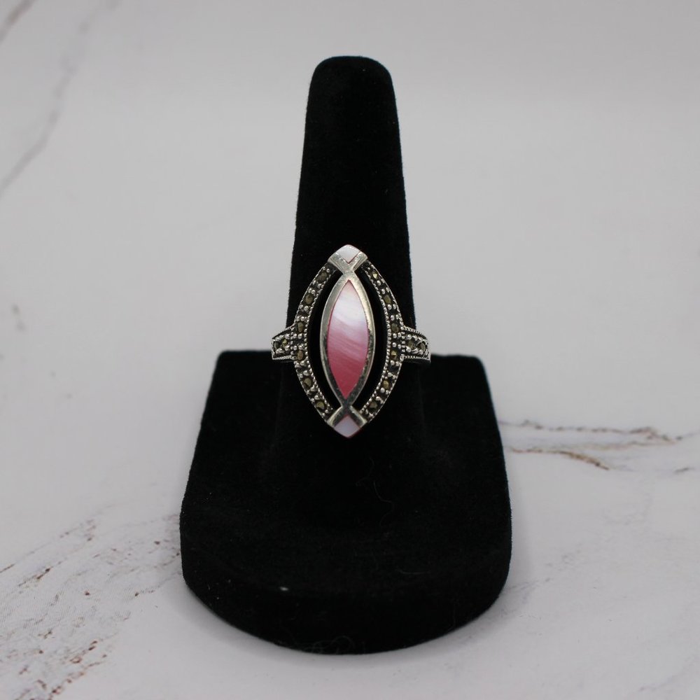 Vintage Mother of Pearl in Sterling Silver Surrounded by Marcasite Sz 7